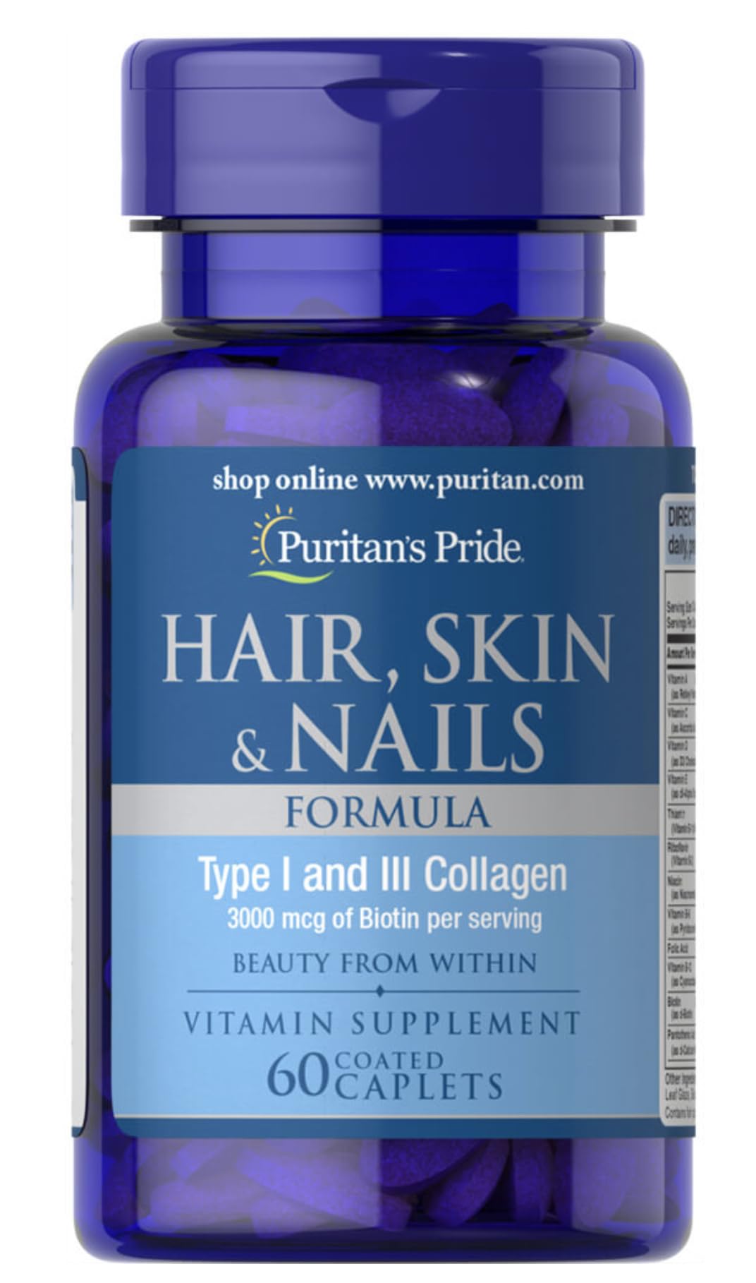 Puritan's Pride Formule Cheveux Peau Ongles, bouteille, soutien potentiel à la beauté naturelle.