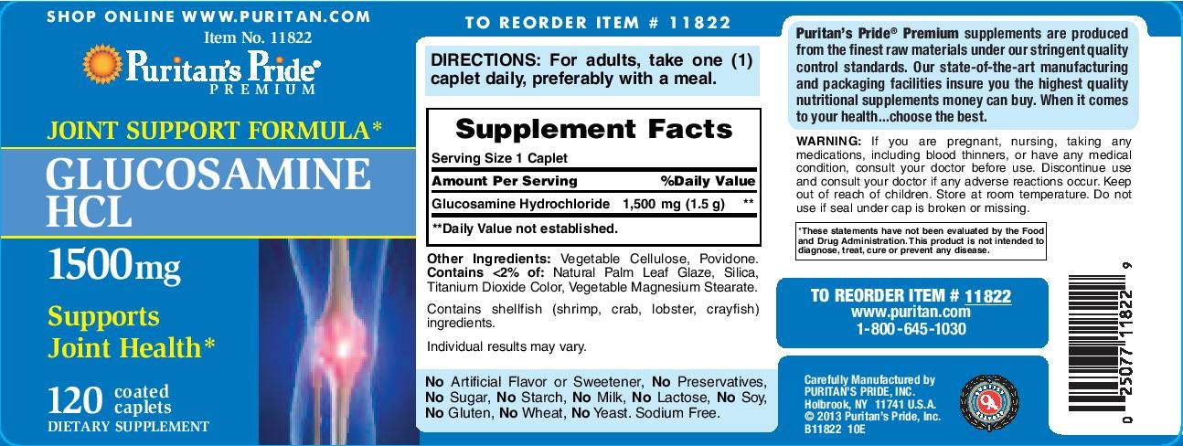Puritan's Pride glucosamine 1500 caplets - emballage, soutien potentiel à la mobilité
