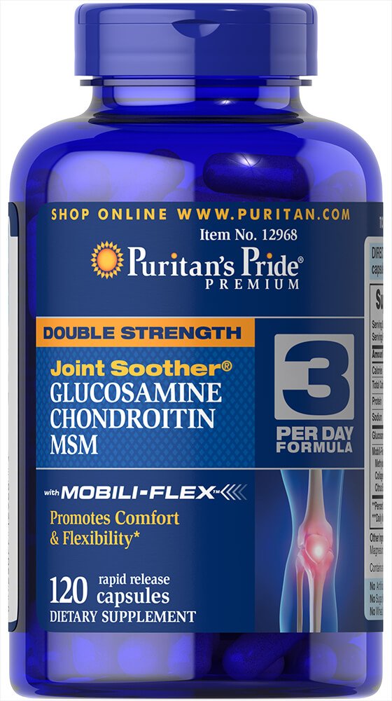 Puritan's Pride Glucosamine, Chondroitin et MSM, bouteille montrant la formule et soutien potentiel des articulations