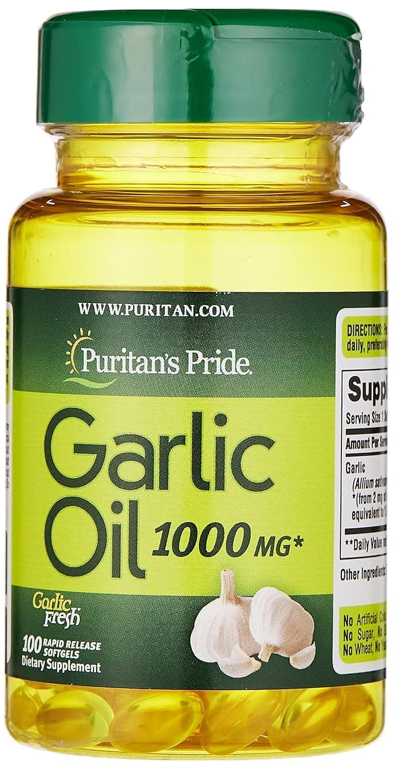 Puritan's Pride huile d ail 1000 mg — bouteille claire pour une utilisation quotidienne.