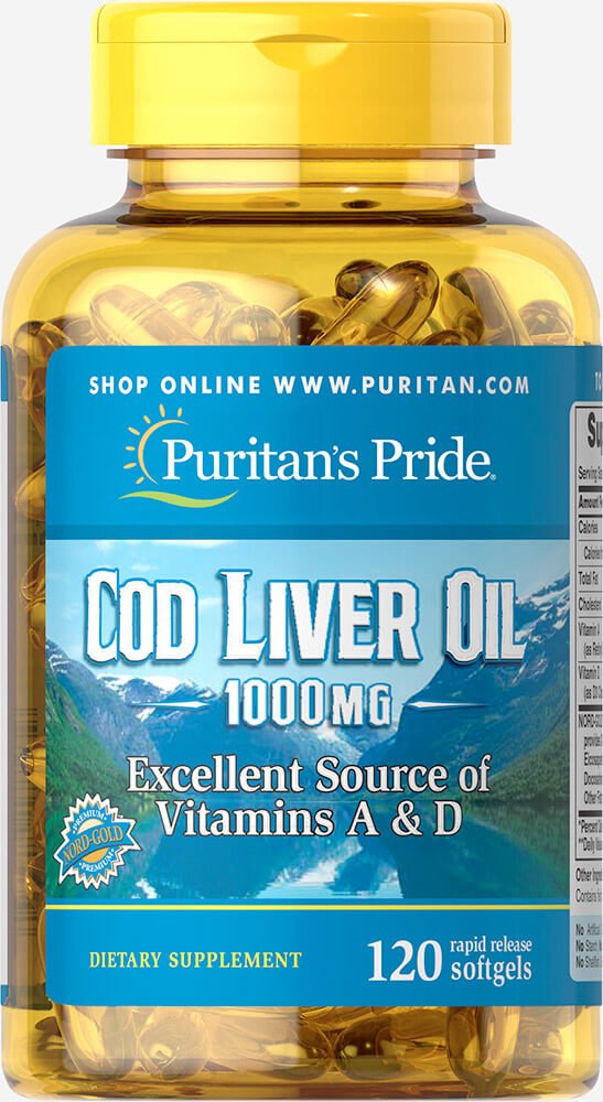 Puritan's Pride huile foie morue, bouteille visible, source potentielle de vitamines A et D.