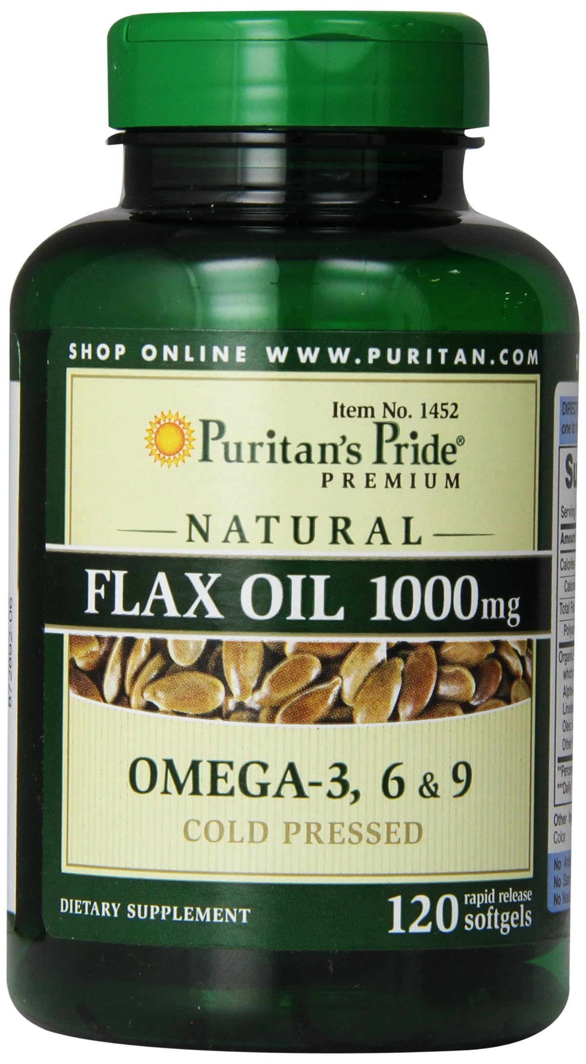 Puritan's Pride huile de lin 1000 mg en bouteille, apport oméga