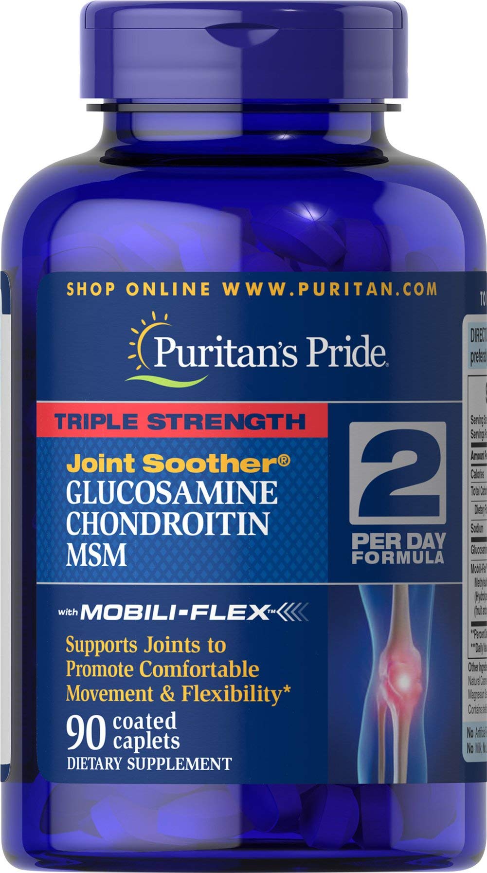 Puritan's Pride – capsule enrobée sur la bouteille, soutien potentiel à la mobilité des articulations.