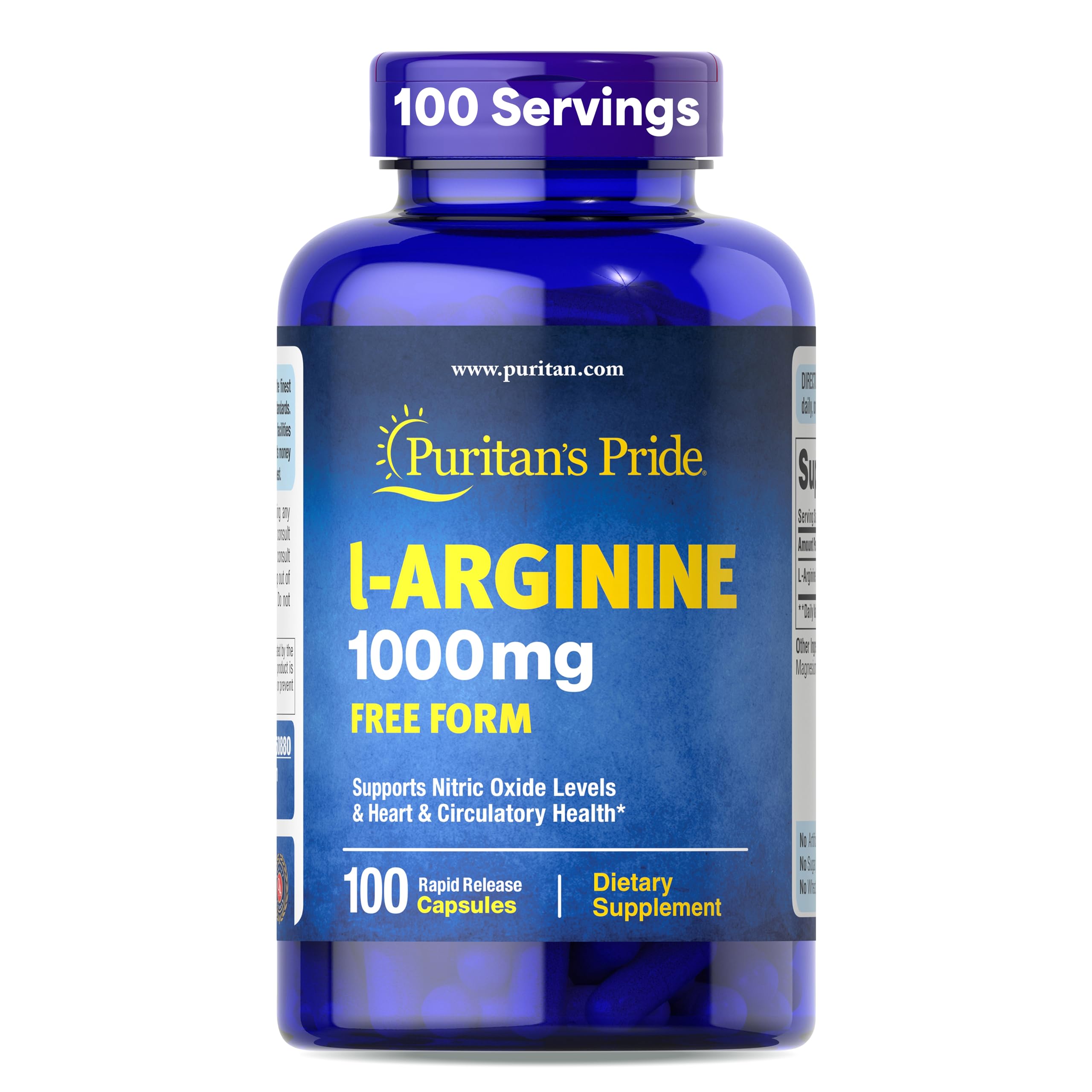 Puritan's Pride L-Arginine 1000 mg — capsule visible, soutien potentiel à la circulation pendant l'effort.