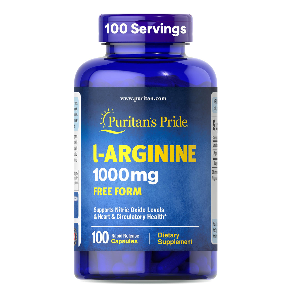 Puritan's Pride L-Arginine 1000 mg — capsule visible, soutien potentiel à la circulation pendant l'effort.