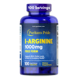 Puritan's Pride L-Arginine 1000 mg — capsule visible, soutien potentiel à la circulation pendant l'effort.