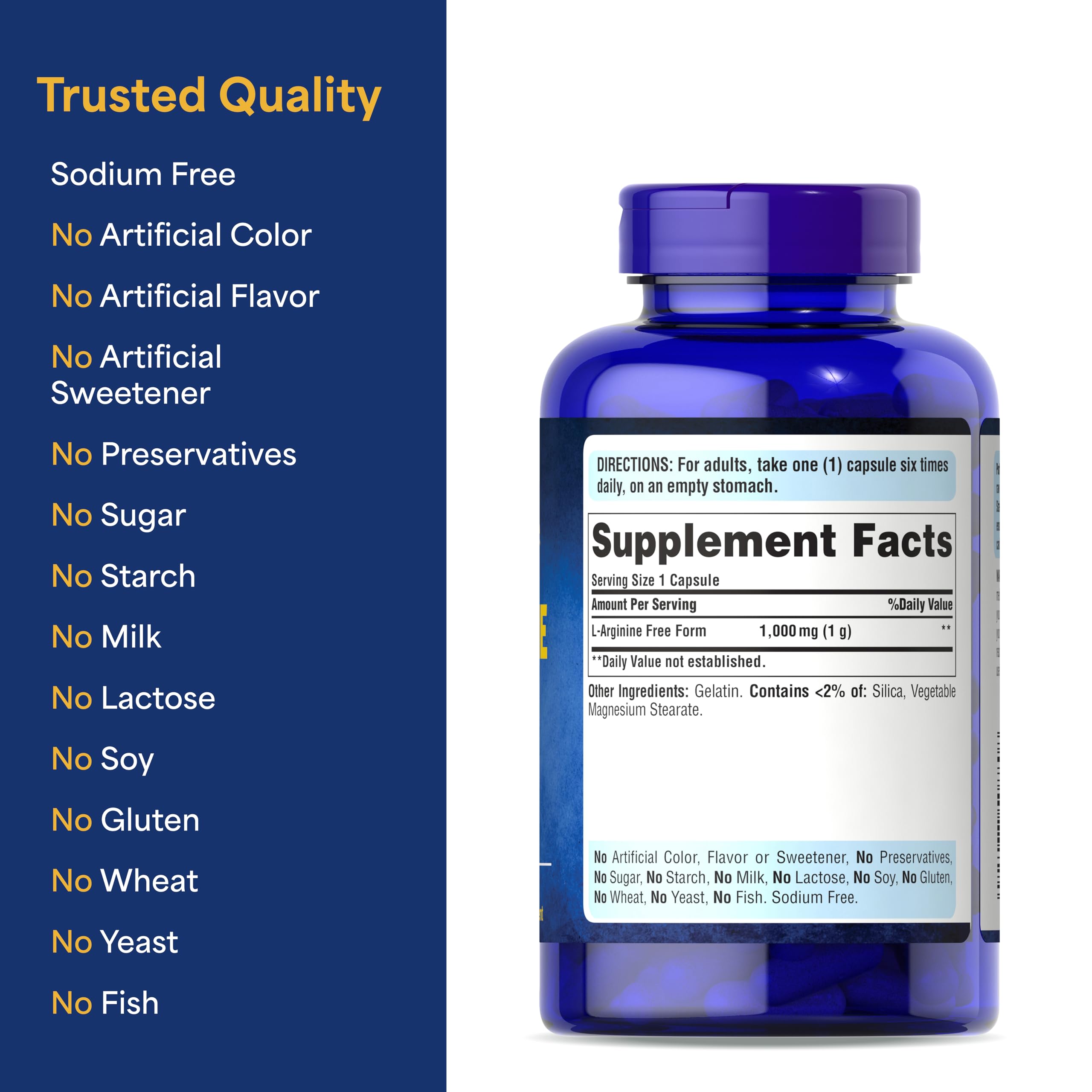 Puritan's Pride L-Arginine — flacon sur table, démontrant l'ampleur du format.