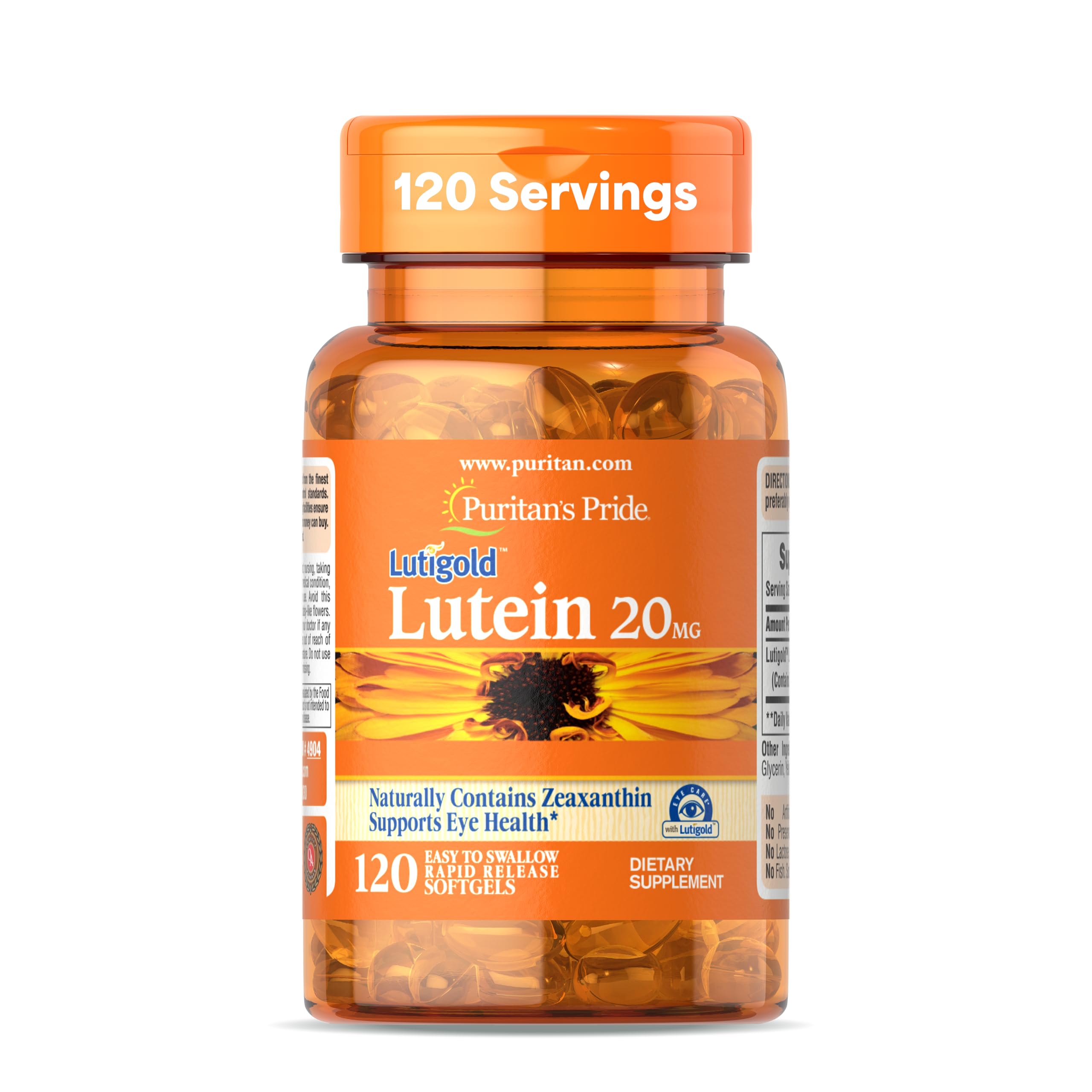 Puritan's Pride Lutigold Lutein - bouteille claire, soutien visuel quotidien.