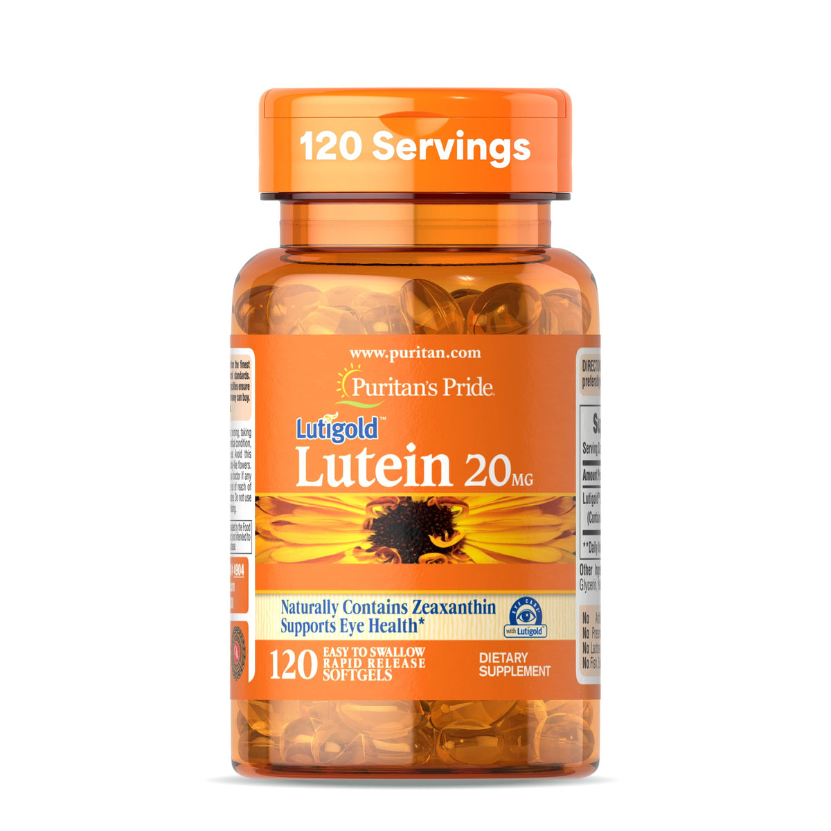 Puritan's Pride Lutigold Lutein - bouteille claire, soutien visuel quotidien.