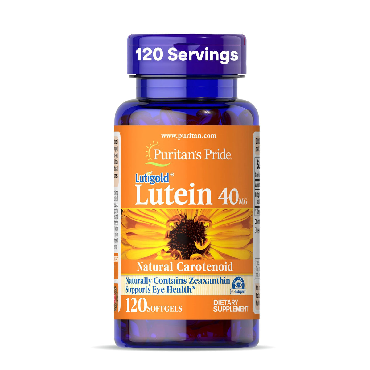 Puritan's Pride Lutigold Lutein : bouteille affichant l'emballage pour la santé oculaire