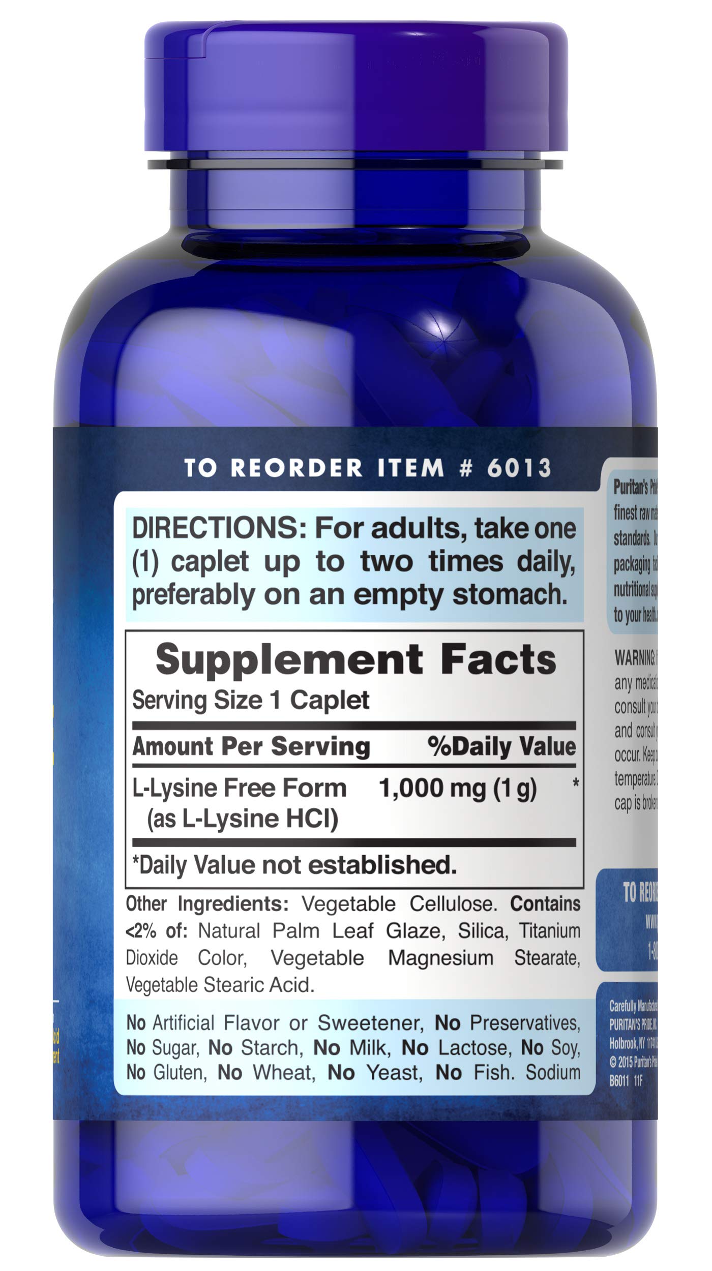 Puritan's Pride L-Lysine 1000 mg, étiquette du produit, sans gluten et sans soja