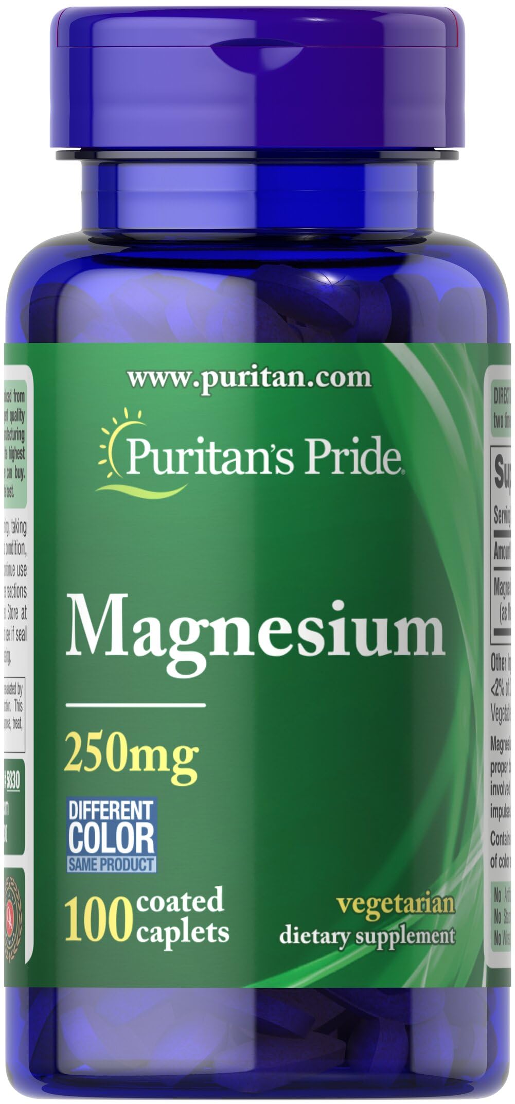 Puritan's Pride Magnésium 250 mg caplets – boîte 100, vue d'ensemble et apport quotidien.