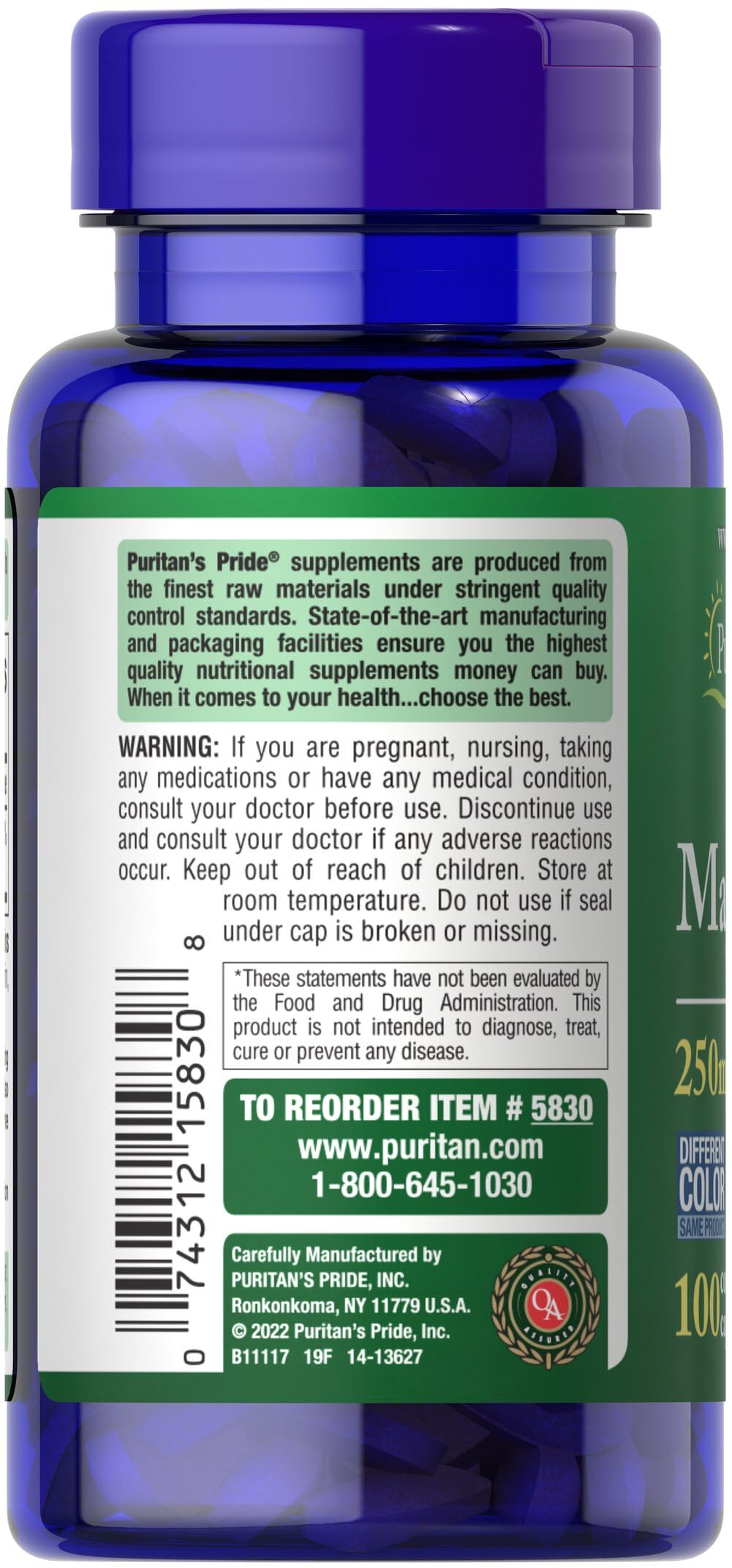 Puritan's Pride Magnésium 250 mg caplets, étiquette visible et conseils d'utilisation pour un dosage quotidien.