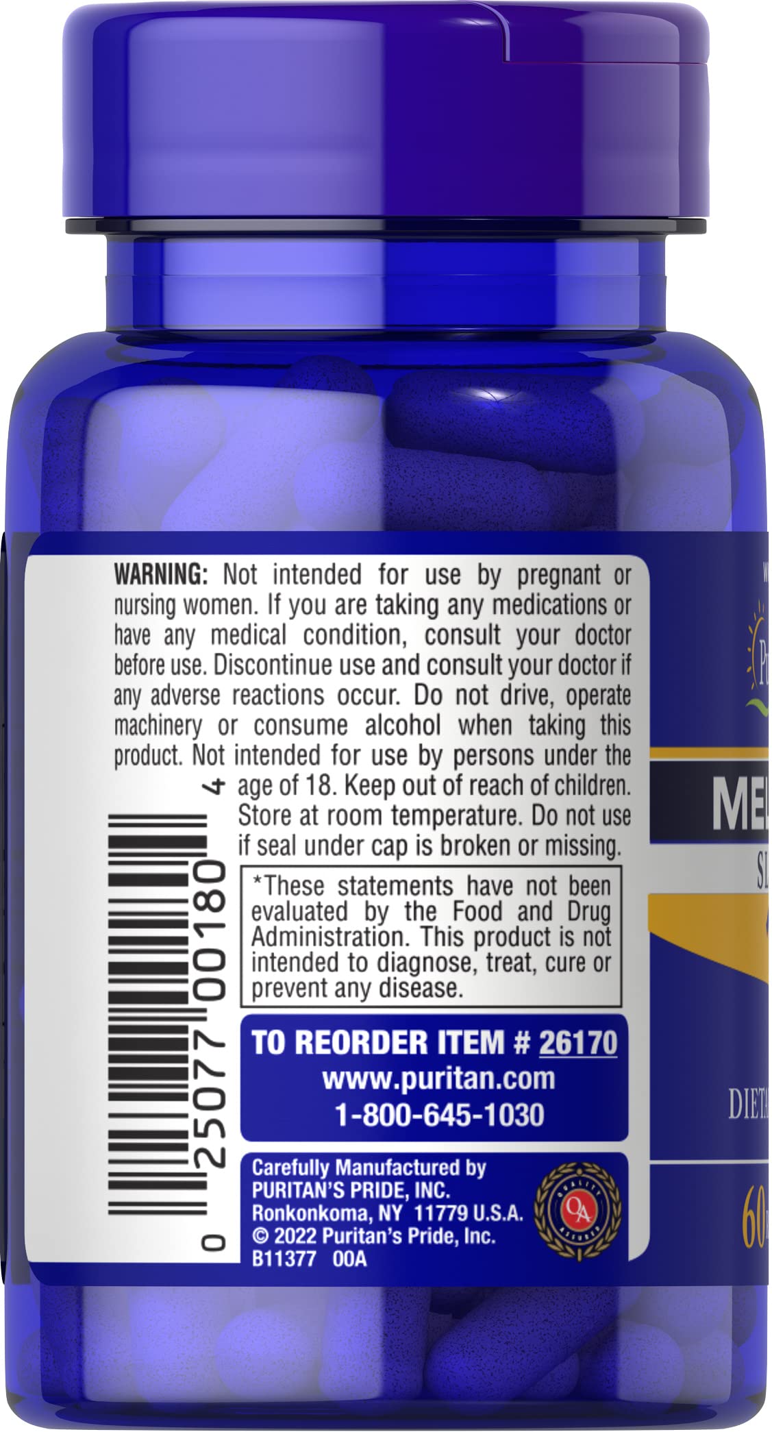 Puritan's Pride Mélatonine 12 mg, flacon de 60 gélules pratique lors de voyages.