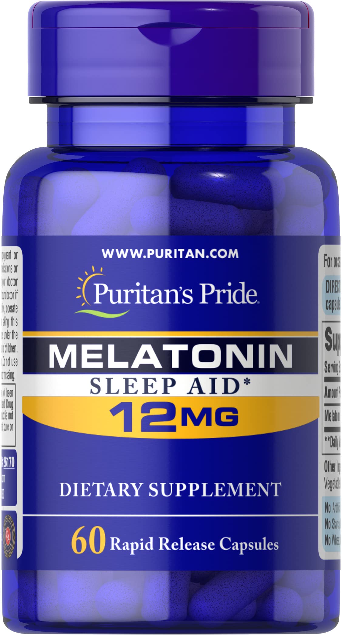 Puritan's Pride Mélatonine 12 mg en bouteille, soutien potentiel au sommeil et relaxation.