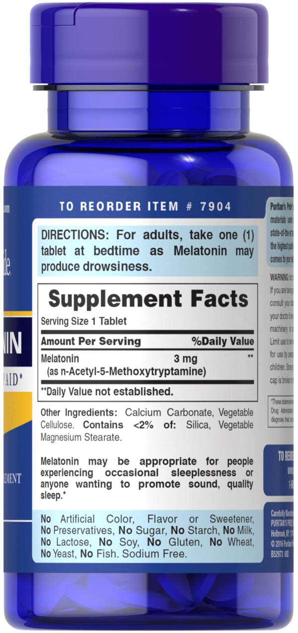 Puritan's Pride Mélatonine 3 mg — boîte, aide potentielle pour l'endormissement occasionnel.