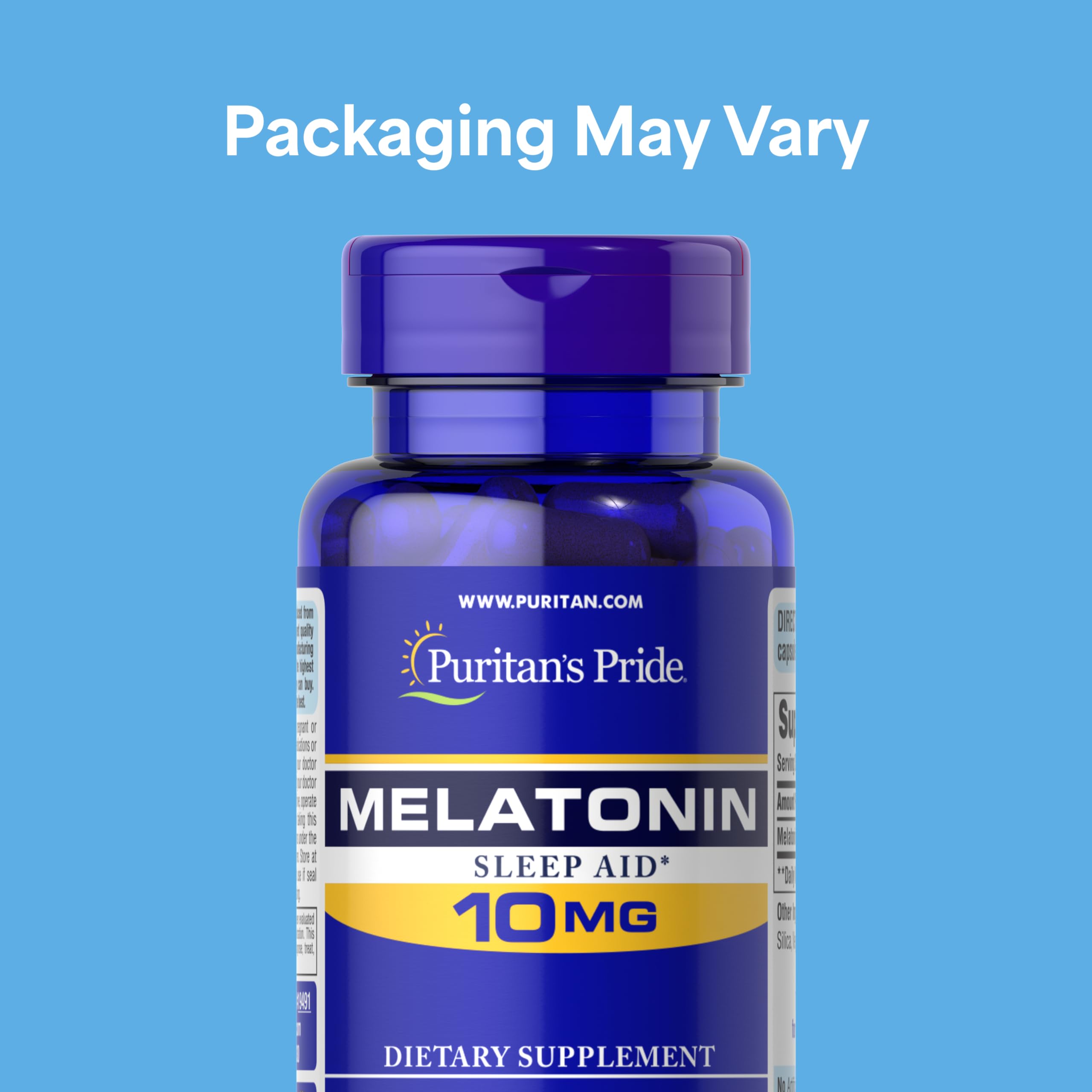 Puritan's Pride Mélatonine emballage extérieur, présentation élégante pour favoriser un sommeil plus régulier.