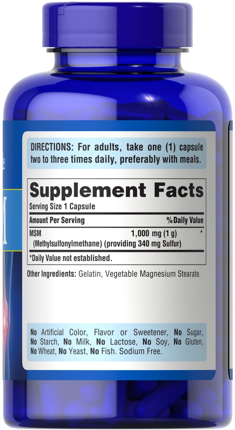 Puritan's Pride MSM, étiquette: informations produit et dosage.