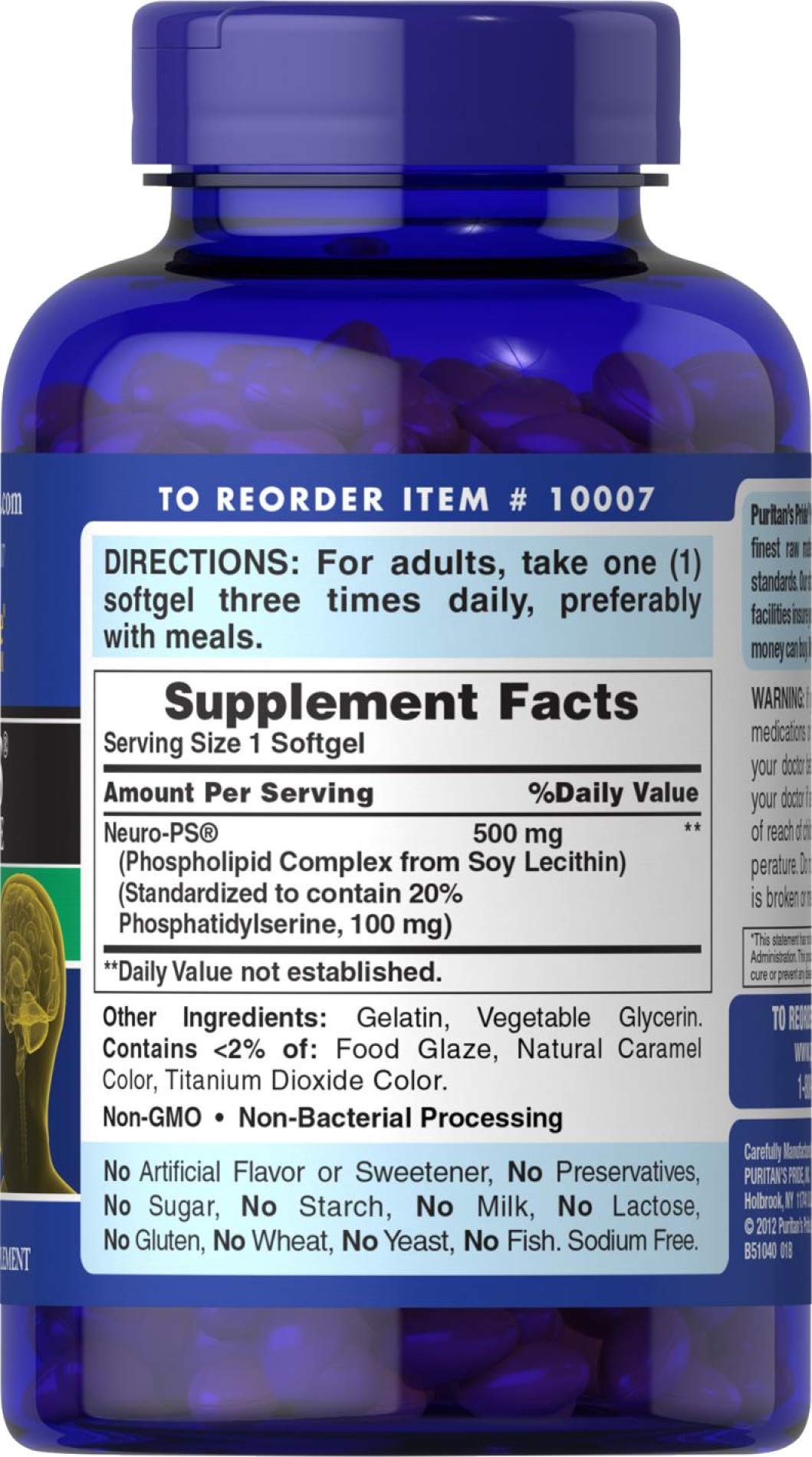 Capsule molle Neuro-PS Puritan's Pride prête pour utilisation quotidienne.