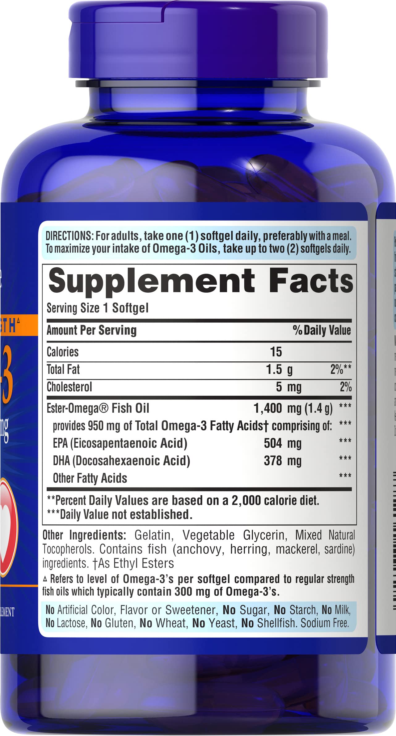 Puritan's Pride Omega-3, bouteille arrière, étiquette clairement lisible sans gluten.