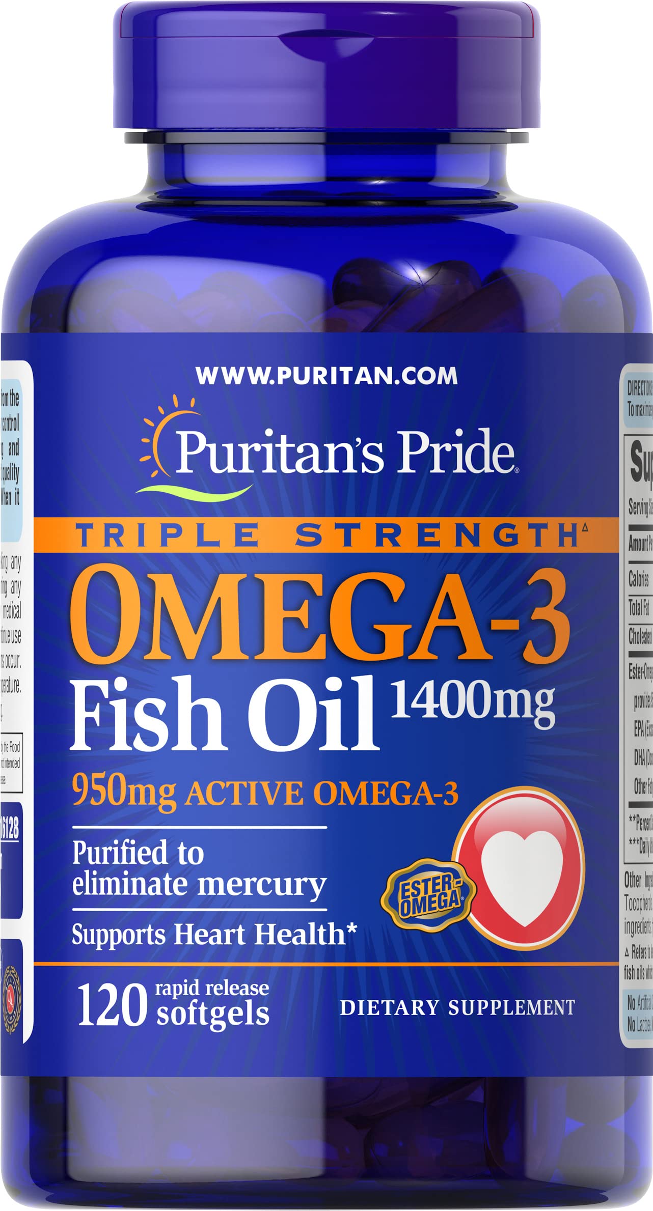 Puritan's Pride Omega-3, bouteille avant, peut soutenir la santé cardiovasculaire au quotidien.