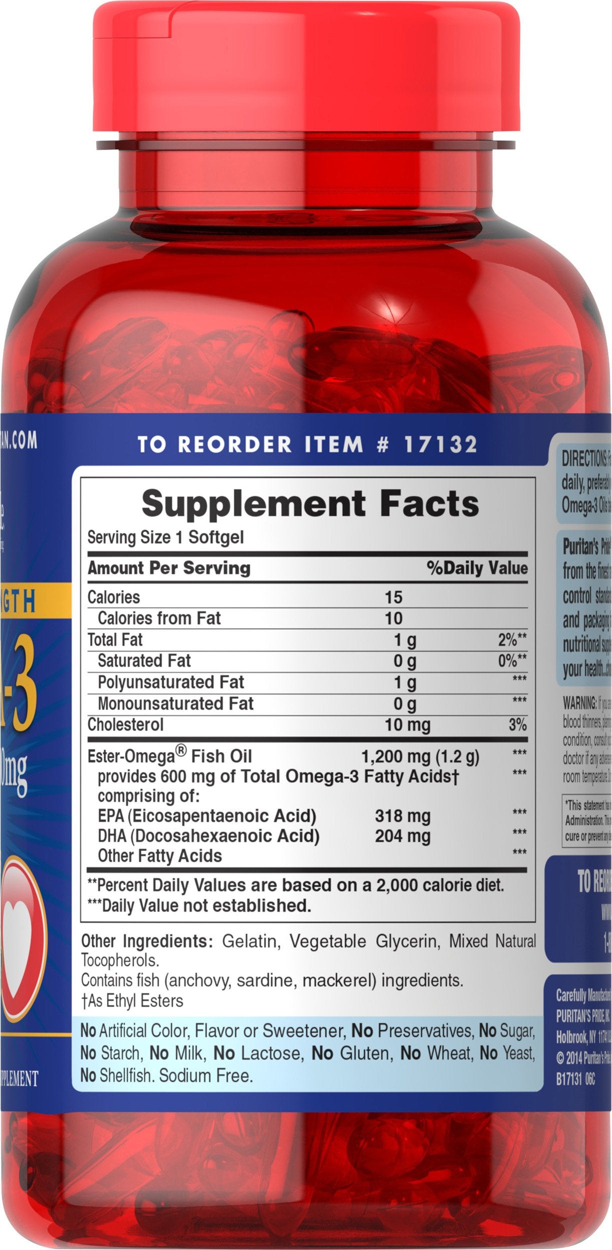 Étiquette Puritan's Pride Omega-3 avec informations claires sur les ingrédients.