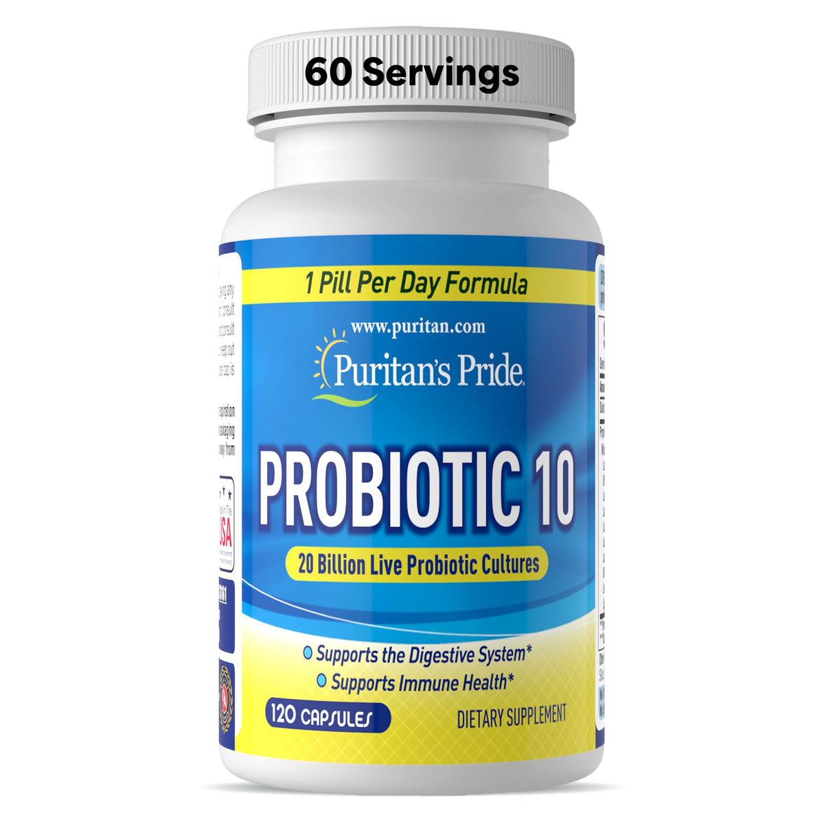 Puritan's Pride Probiotic 10 – bouteille montrant le format et le potentiel soutien digestif