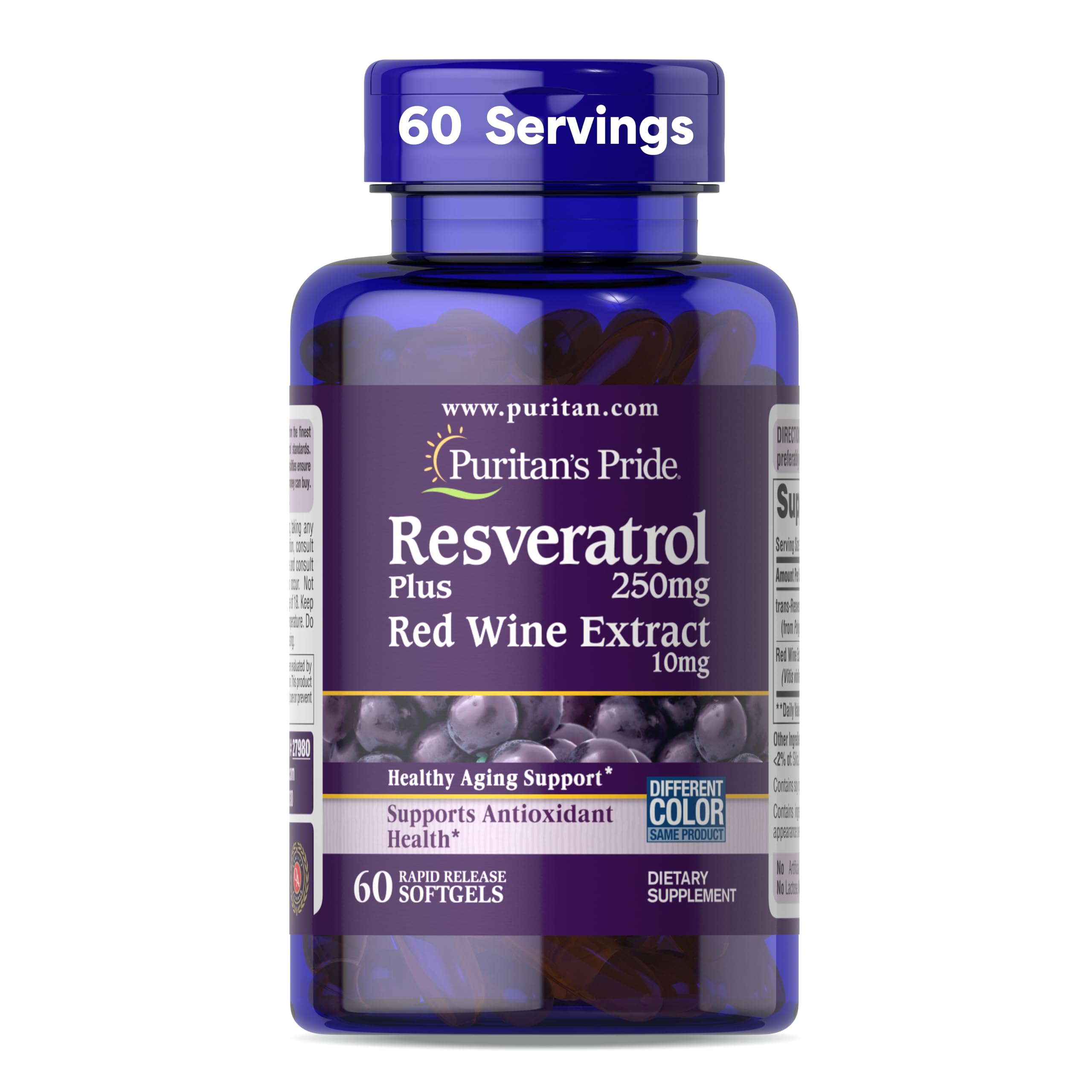 Puritan's Pride Resveratrol Youth Guard, bouteille de gélules molles, défense antioxydante potentielle.