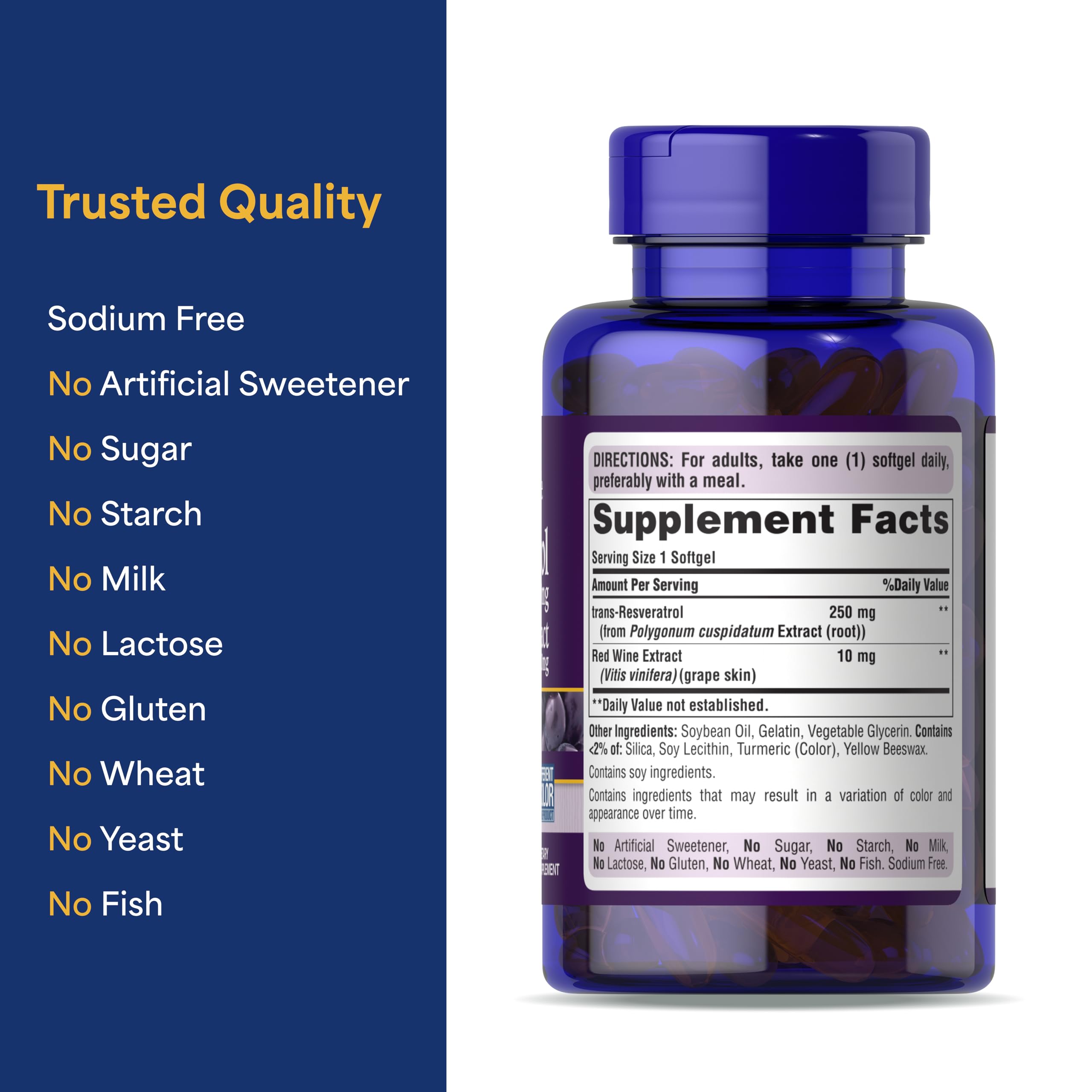 Puritan's Pride Resveratrol Youth Guard, flacon transparent montrant les gélules pour dosage pratique.