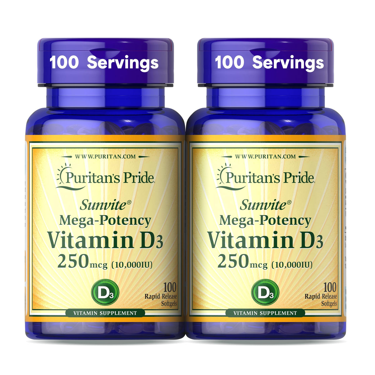 Puritan's Pride Sunvite D3 — bouteille et capsules, soutien des os et du système immunitaire.