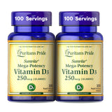 Puritan's Pride Sunvite D3 — bouteille et capsules, soutien des os et du système immunitaire.