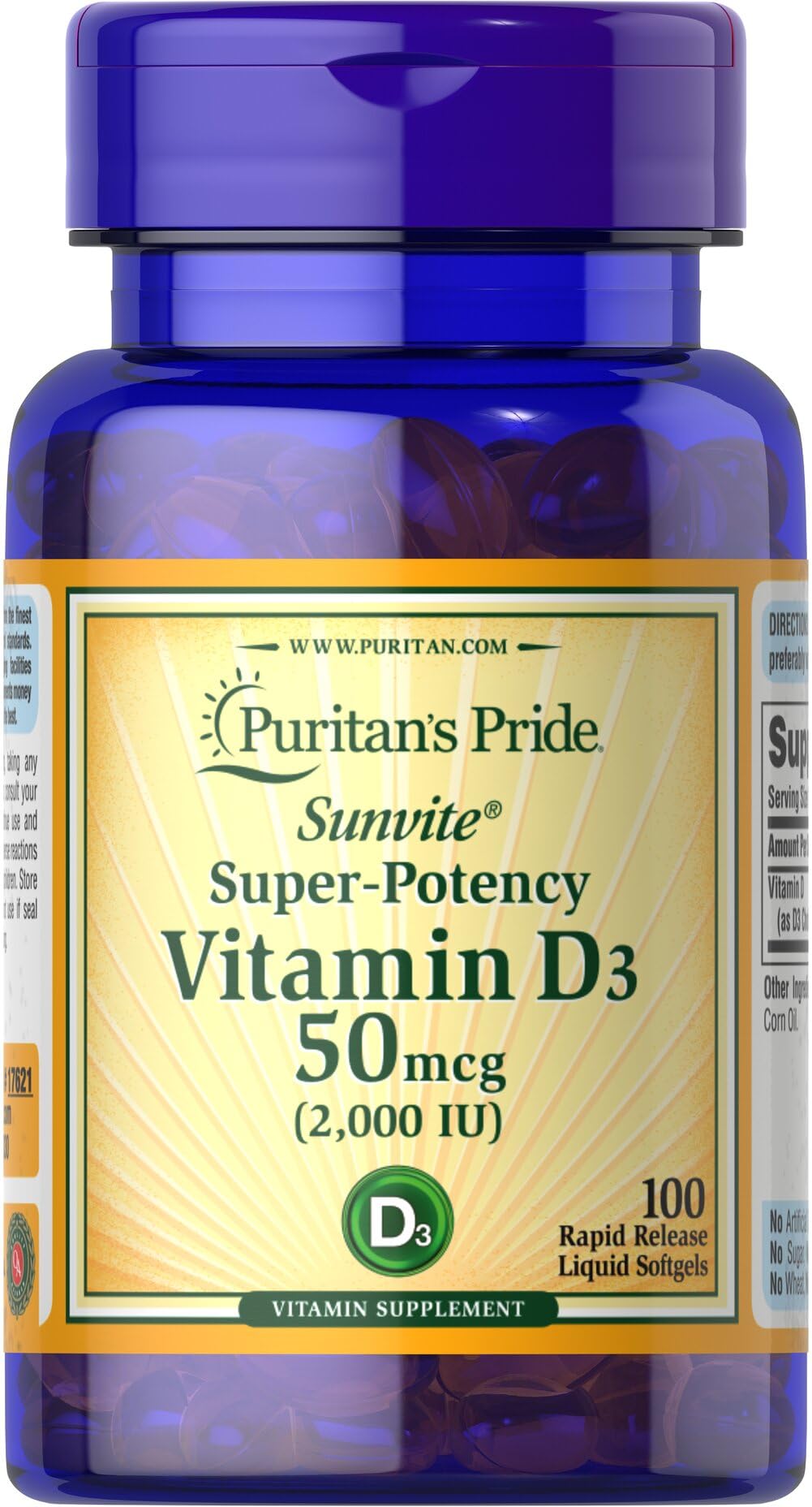 Puritan's Pride Sunvite D3, bouteille de 100 gélules, soutien potentiel des os.