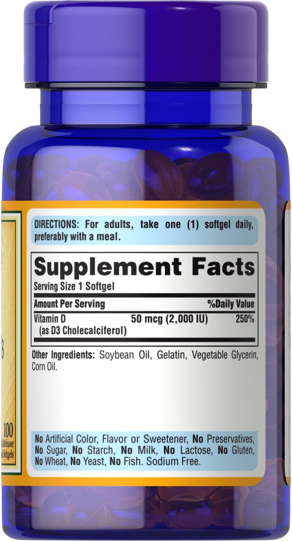 Puritan's Pride Sunvite D3 – tableau de dosage facile pour routine santé.