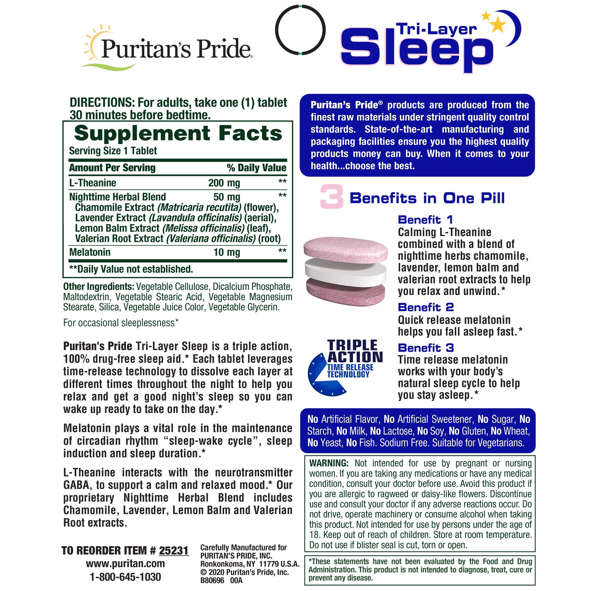 Puritan's Pride Tri-Couches Sommeil – étiquette claire facilitant la vérification des informations.