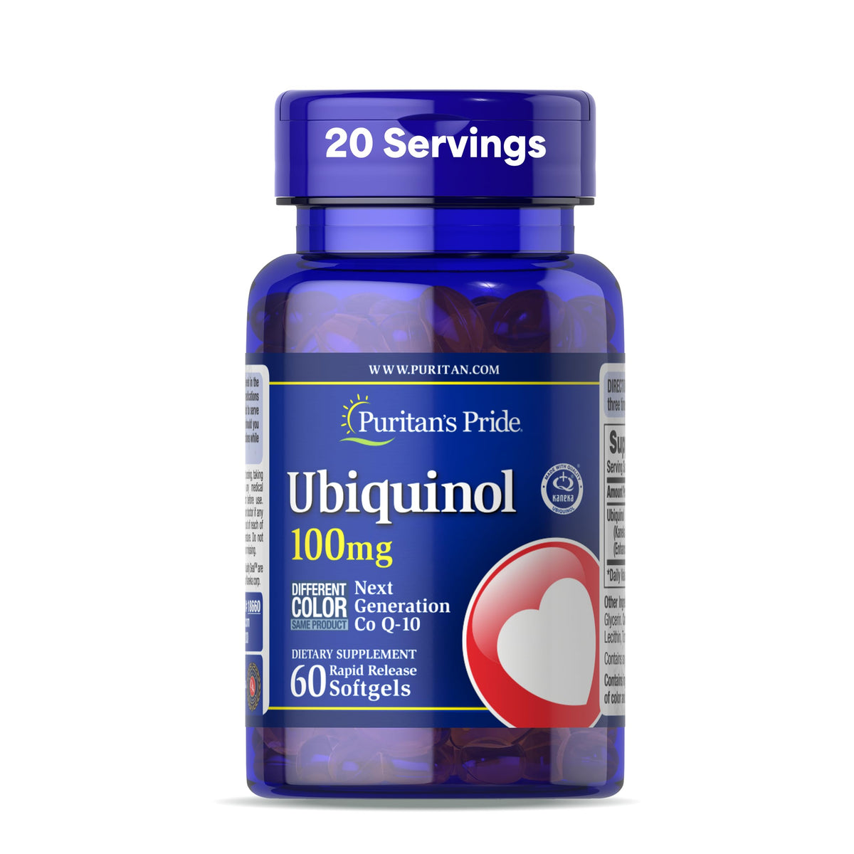 Puritan's Pride ubiquinol CoQ10 bouteille montrant une gélule et l’énergie potentielle