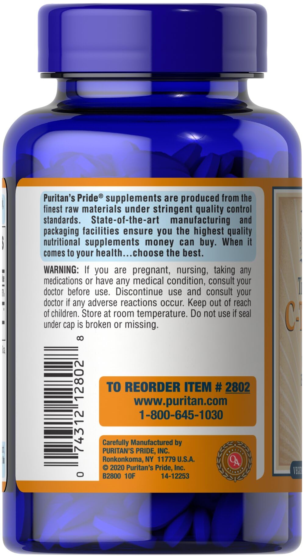 Capsules Puritan's Pride Vitamine C 1500 mg, cynorhodon, pratique pour énergie au quotidien.