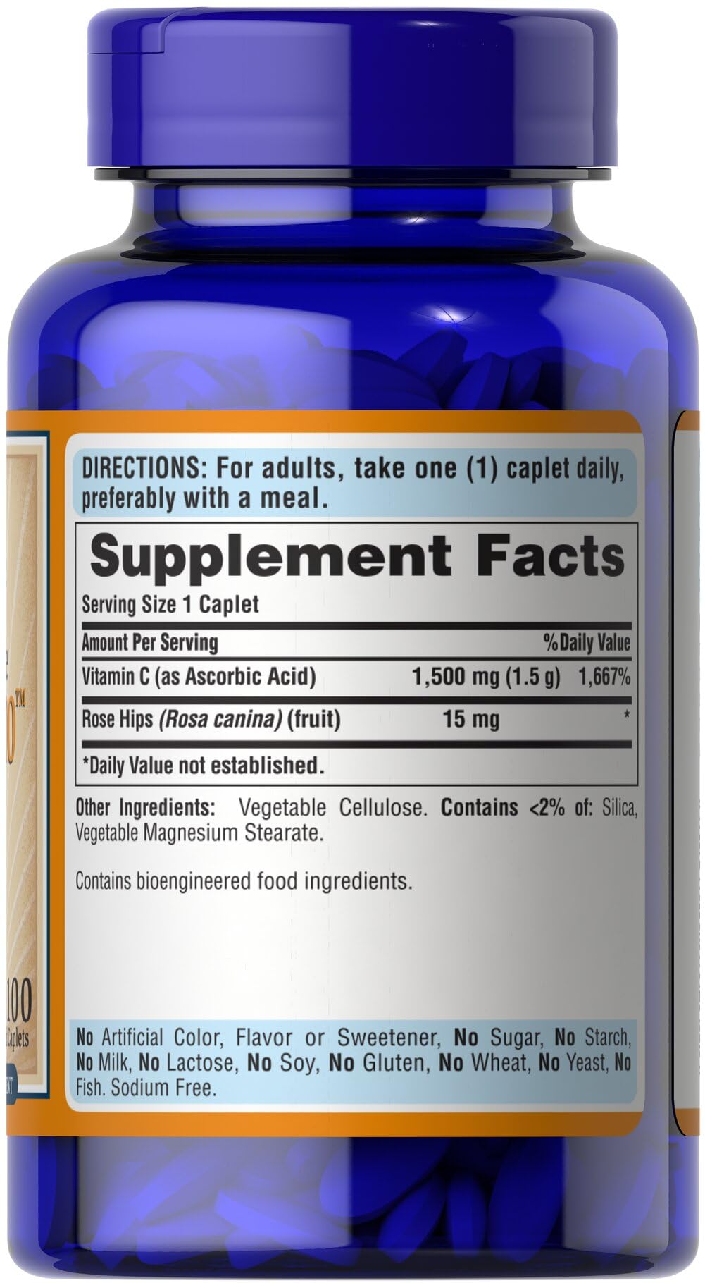 Boîte Puritan's Pride Vitamine C 1500 mg, caplets et cynorhodon, format portable et équilibré.