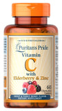 Puritan's Pride vitamine C à base de sureau et zinc, face produit, goût fruité agréable.