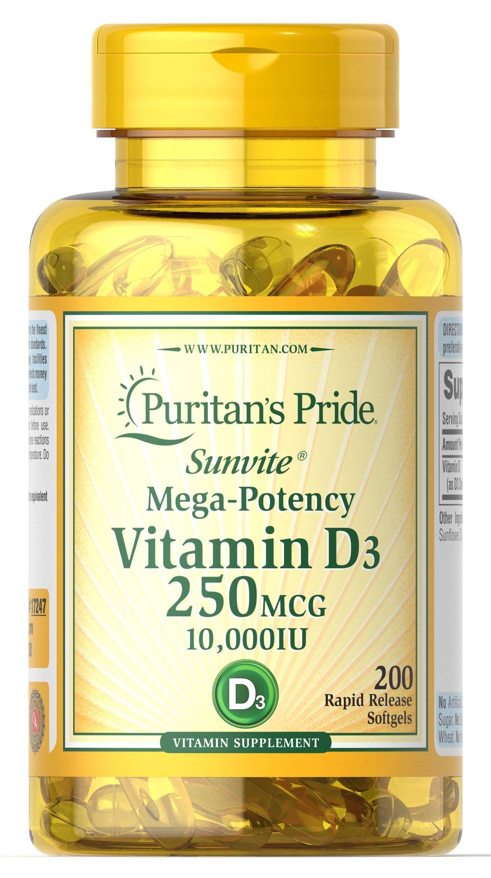 Puritan's Pride Vitamine D3, bouteille de gélules, soutien potentiel du système immunitaire