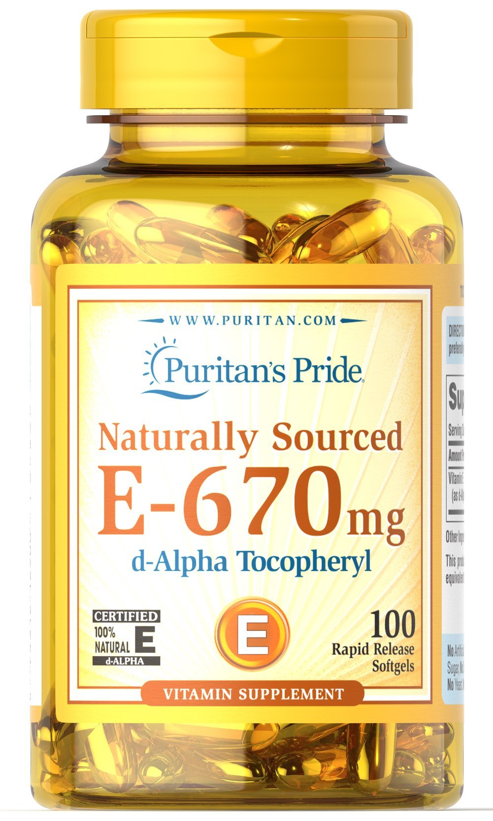 Puritan's Pride Vitamine E 670 mg – flacon, antioxydant et soutien potentiel au système immunitaire.