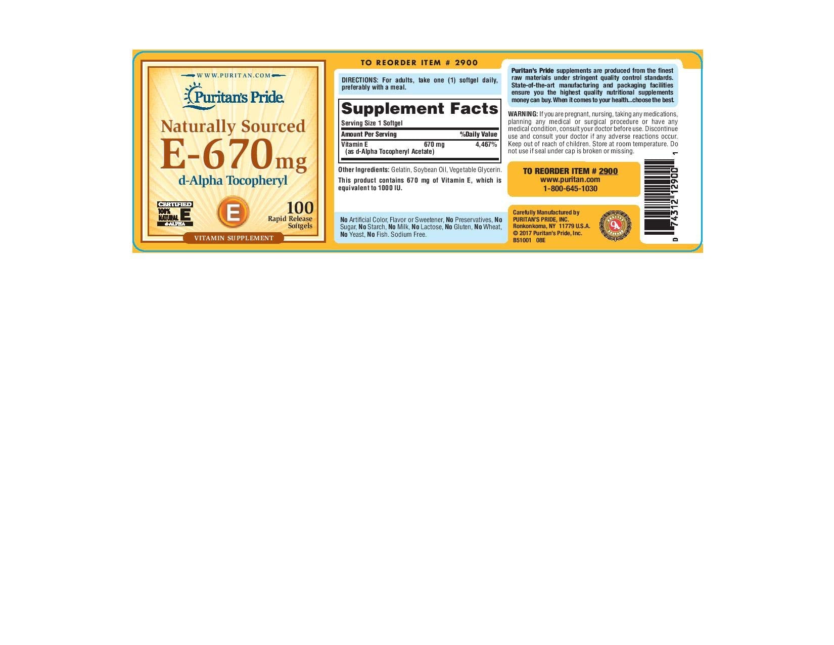 Puritan's Pride Vitamine E 670 mg – gélules, antioxydant et soin possible de la peau.