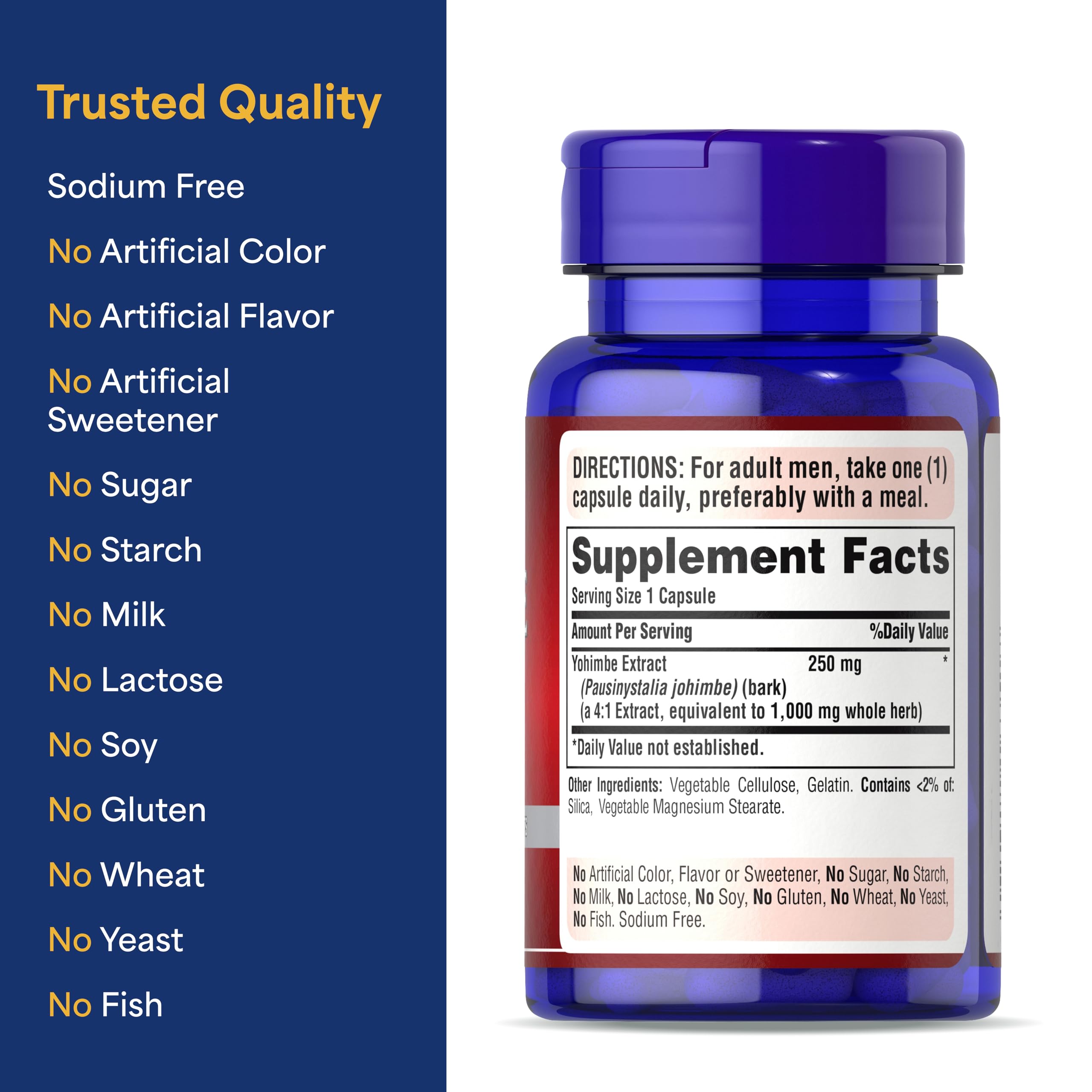 Puritan's Pride Yohimbe : sans OGM et ingrédients premium.