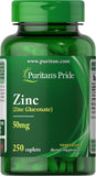 Puritan's Pride Zinc 50 mg – bouteille avec gélules végétariennes et soutien immunitaire potentiel.