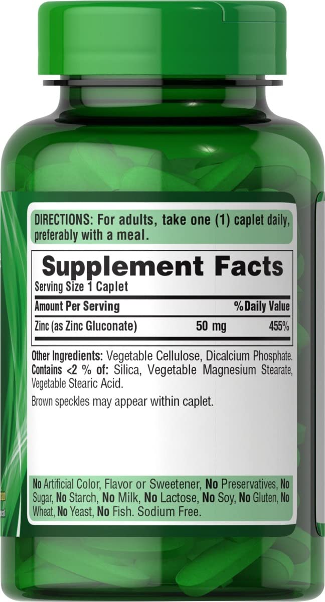 Puritan's Pride Zinc 50 mg – étiquette claire montrant le format végétarien et l’usage quotidien.