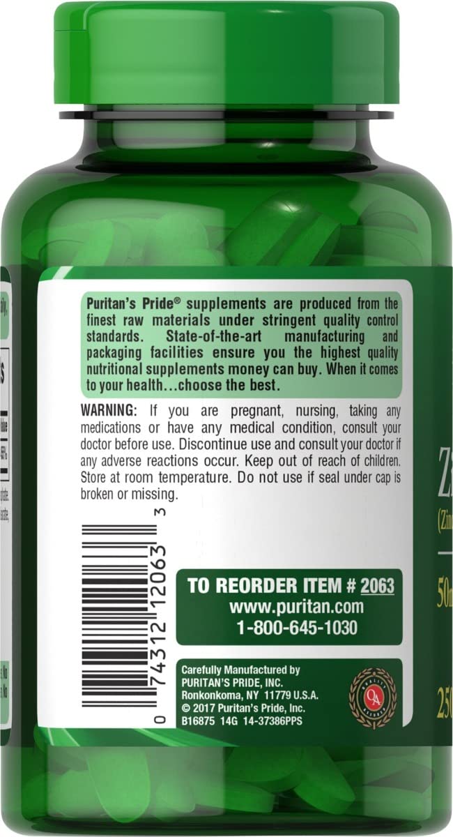 Puritan's Pride Zinc 50 mg – gélules végétariennes faciles à avaler et adaptées aux régimes.