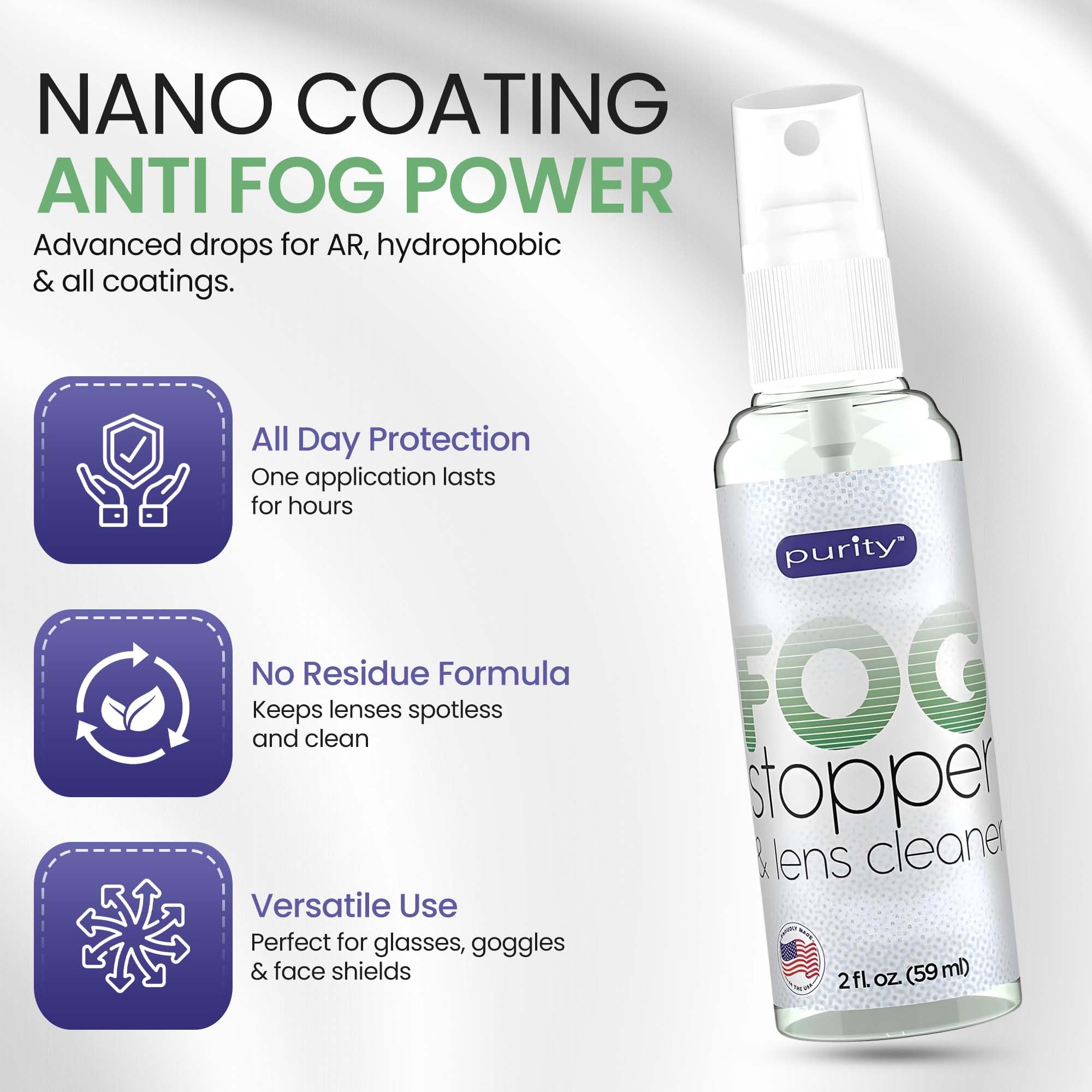 Purity Fog Stopper spray anti-buée pour lunettes, résultats rapides.