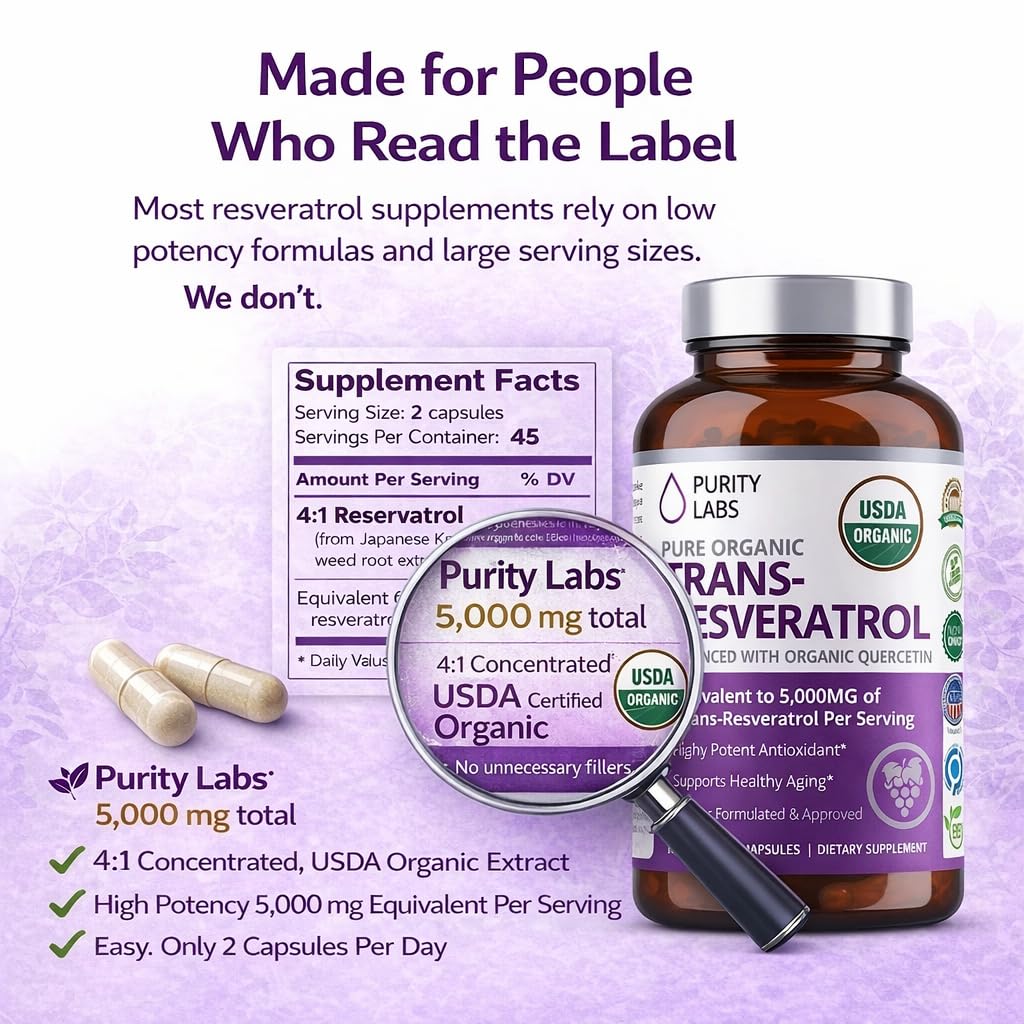 Purity Labs capsules végétales résveratrol, format vegan pratique pour l'utilisation journalière.