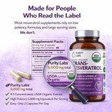 Purity Labs capsules végétales résveratrol, format vegan pratique pour l'utilisation journalière.