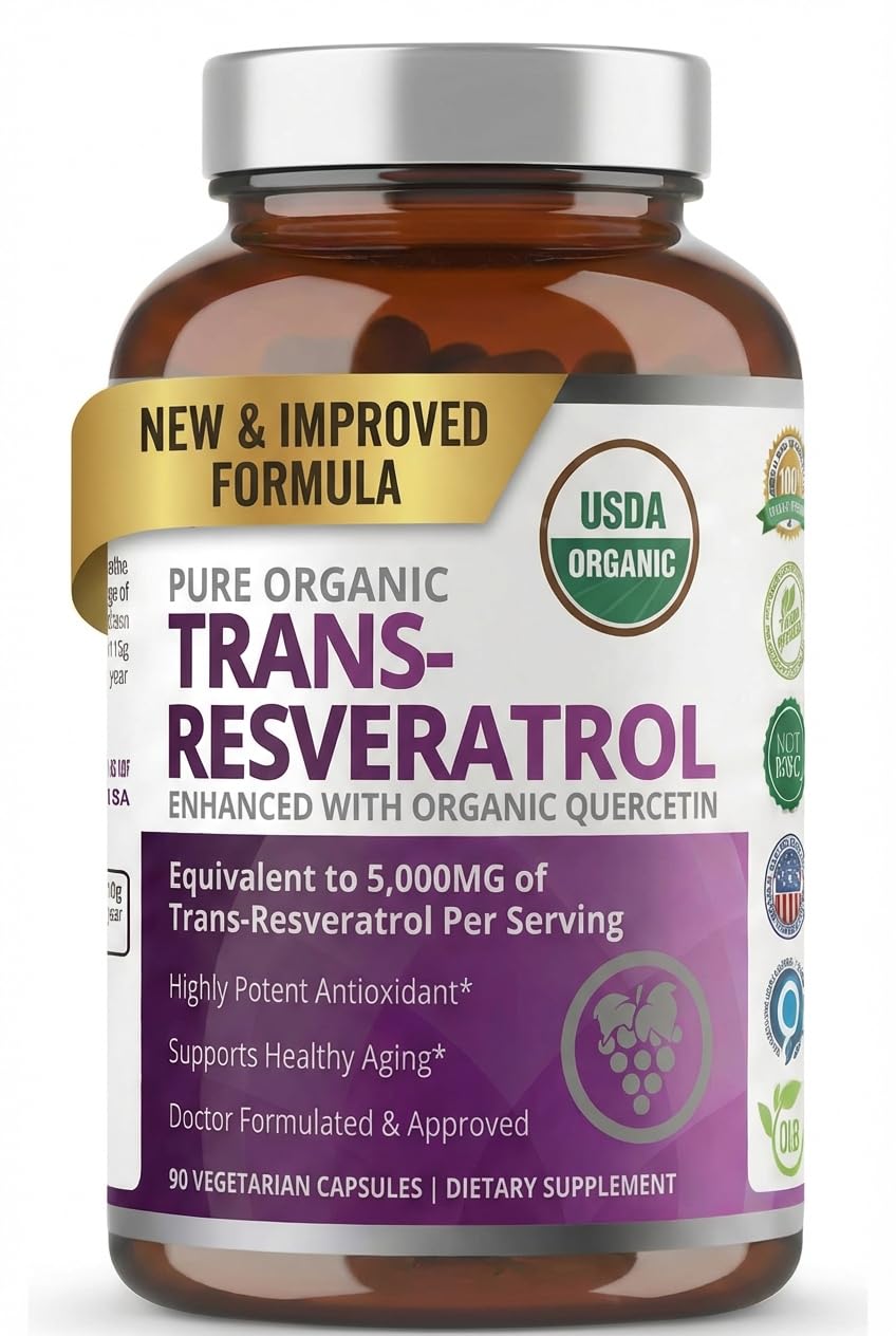 Purity Labs trans-resveratrol, bouteille visible, soutient l'énergie et le bien-être quotidien.
