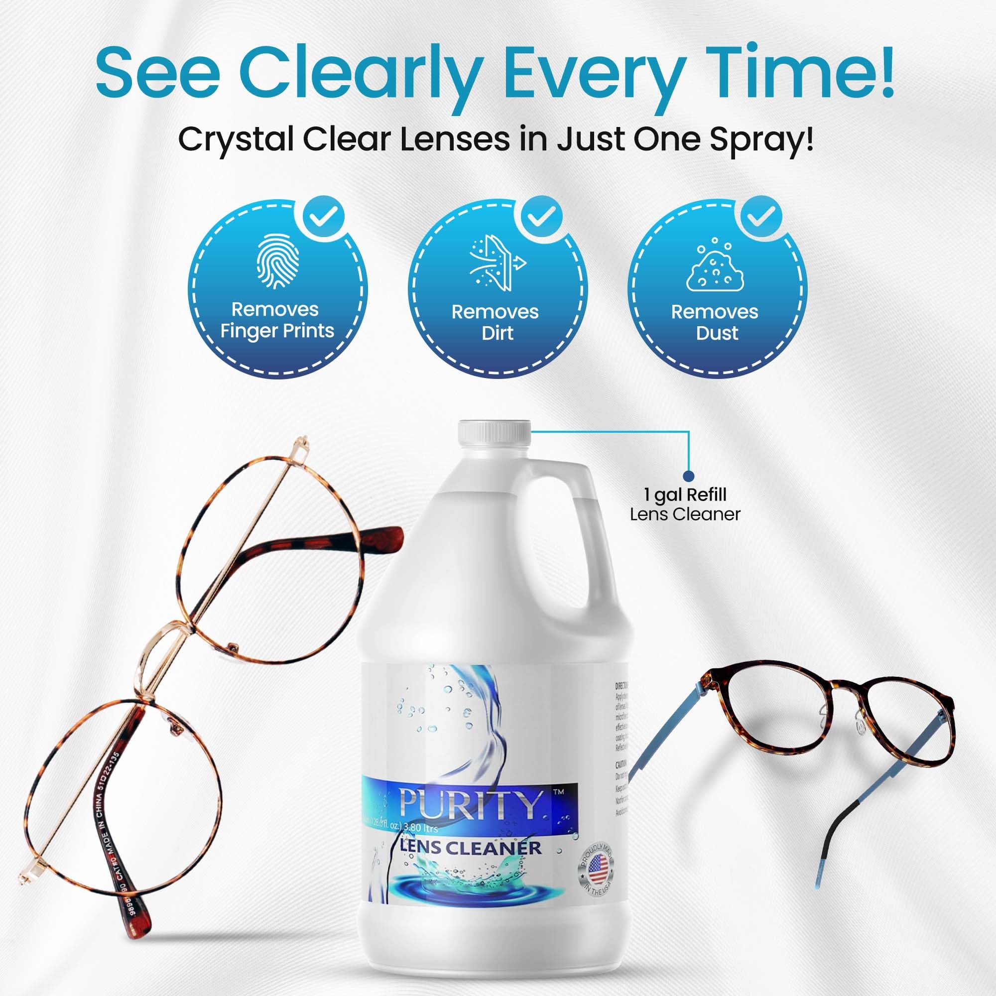 Purity Lunettes nettoyant – nettoyage professionnel pour lentilles sans silicone.